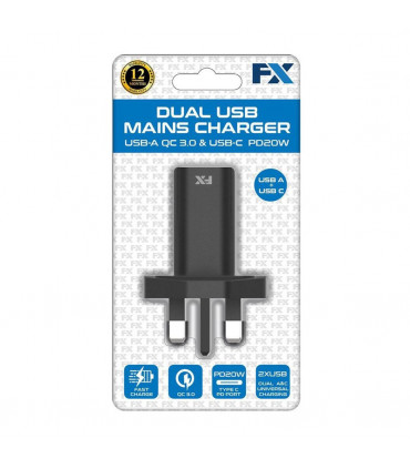FX Mains Charger USB 1A Compatible with USB Devices, Black