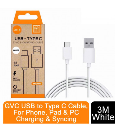 GVC USB to Type C Cable, For Phone, Pad & PC Charging & Syncing, 3M - White