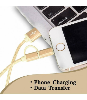 FX Powabud Nylon Braided USB Cable with 2 in 1 Dual Lightning Connector Cord[Gold]