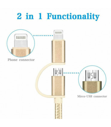 FX Powabud Nylon Braided USB Cable with 2 in 1 Dual Lightning Connector Cord[Gold]