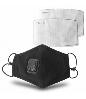 Anti Pollution Washable Cotton Mouth Mask with Valve Replaceable Filter, Black[1x Mask with 2 Filters]