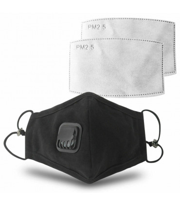 Anti Pollution Washable Cotton Mouth Mask with Valve Replaceable Filter, Black[1x Mask with 2 Filters]