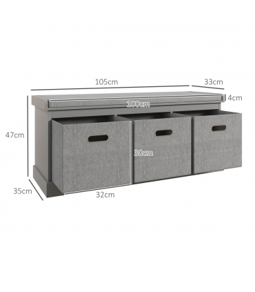 HOMCOM Shoe Bench with Cushioned Seat, 3 Fabric Drawers for Entryway Hallway
