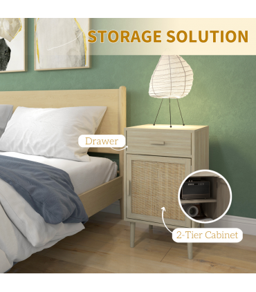 HOMCOM Bedside Tables Set of 2 with Drawer Cabinet Adjustable Shelf Natural