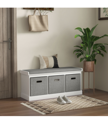 HOMCOM Shoe Bench with Cushioned Seat, 3 Fabric Drawers for Entryway Hallway