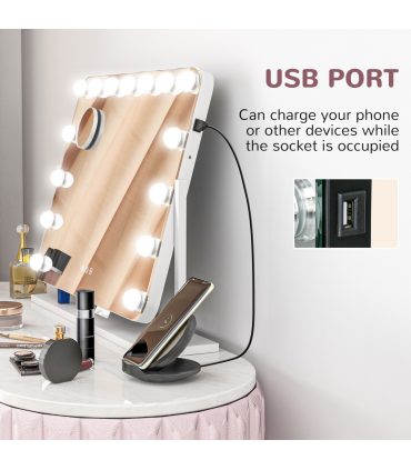HOMCOM Hollywood Dimmable Lighted Makeup Mirror with Magnifier, USB Port