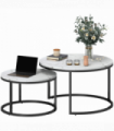 HOMCOM 2 Pcs Stacking Coffee Table Set Steel Frame Marble-Effect Top Foot Pads