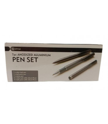 DSL Instyle 7pc Black/Blue Ink  Pen & Refills Anodized Aluminium Black Case Pen Set Box 2799B