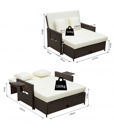 Rattan 2-Seater Day Bed Brown 130cmx72cmx96cm Outdoor Garden Patio Furniture