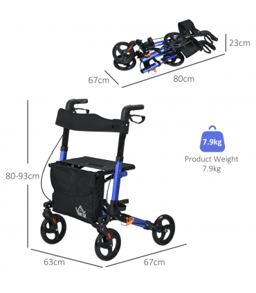 4 Wheel Rollator Walker with Seat Adjustable Mobility Walker with Bag, Blue