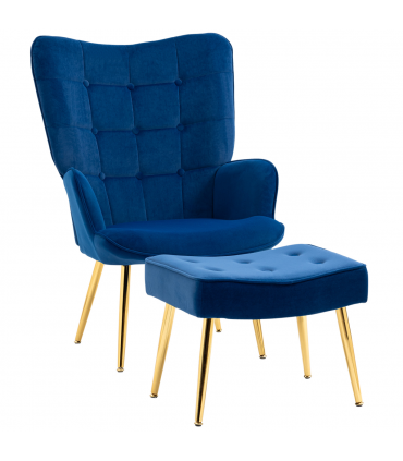 HOMCOM Button Tufted Armchair with Footstool and Gold Tone Steel Legs Dark Blue