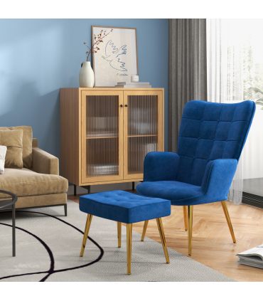 HOMCOM Button Tufted Armchair with Footstool and Gold Tone Steel Legs Dark Blue