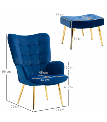 HOMCOM Button Tufted Armchair with Footstool and Gold Tone Steel Legs Dark Blue