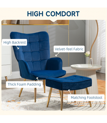 HOMCOM Button Tufted Armchair with Footstool and Gold Tone Steel Legs Dark Blue