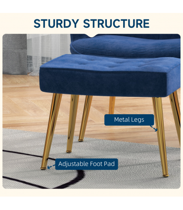 HOMCOM Button Tufted Armchair with Footstool and Gold Tone Steel Legs Dark Blue