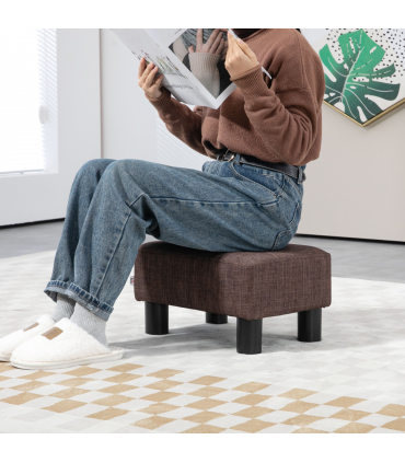 Footstool Ottoman Cube Brown Polyester Plywood Plastic 40cm x 30cm x 24cm Wood