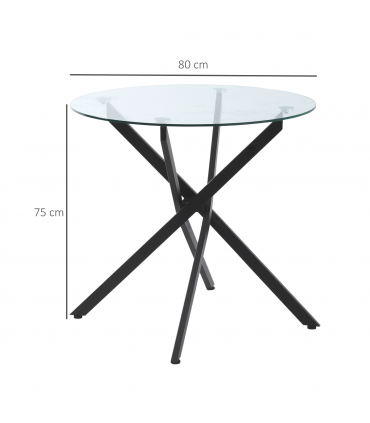 Side Table Black Glass Metal 80x80x75cm 0.7cm 5kg Clear Glass Top Modern