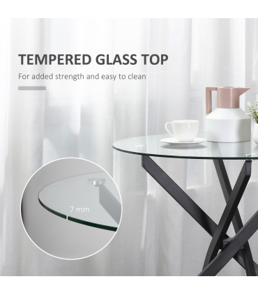 Side Table Black Glass Metal 80x80x75cm 0.7cm 5kg Clear Glass Top Modern