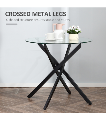 Side Table Black Glass Metal 80x80x75cm 0.7cm 5kg Clear Glass Top Modern