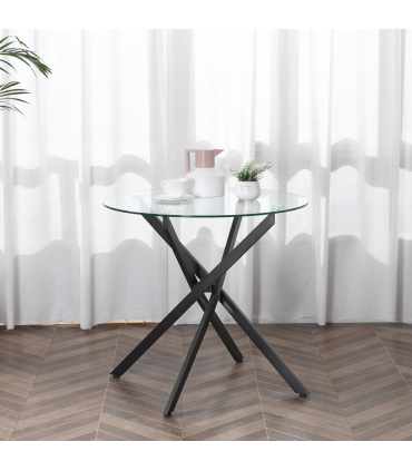 Side Table Black Glass Metal 80x80x75cm 0.7cm 5kg Clear Glass Top Modern