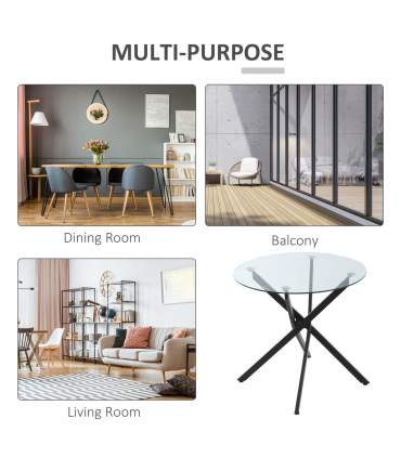 Side Table Black Glass Metal 80x80x75cm 0.7cm 5kg Clear Glass Top Modern