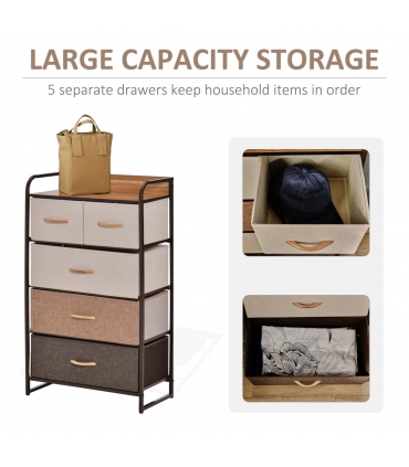 HOMCOM Closet Dresser, Dresser Tower With 5 Linen Fabric Drawers Steel Frame