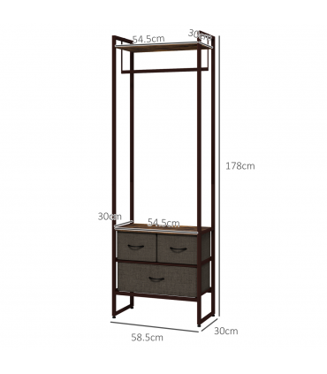 HOMCOM Clothes Hanging Rail with 3 Fabric Drawers Storage Shelves for Hallway