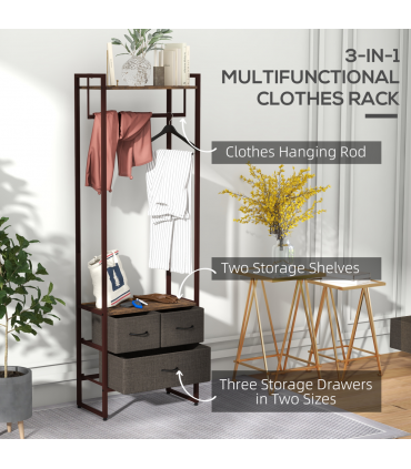 HOMCOM Clothes Hanging Rail with 3 Fabric Drawers Storage Shelves for Hallway