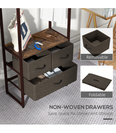 HOMCOM Clothes Hanging Rail with 3 Fabric Drawers Storage Shelves for Hallway