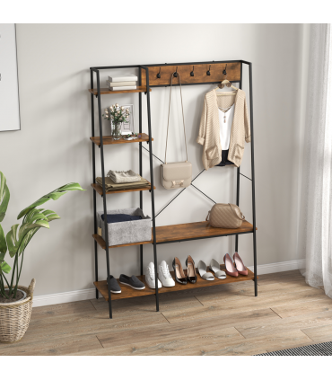 HOMCOM Coat Rack, Coat Stand with Shoe Storage, 5 Hooks for Hallway, Brown