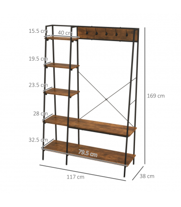 HOMCOM Coat Rack, Coat Stand with Shoe Storage, 5 Hooks for Hallway, Brown