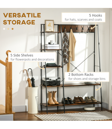 HOMCOM Coat Rack, Coat Stand with Shoe Storage, 5 Hooks for Hallway, Brown