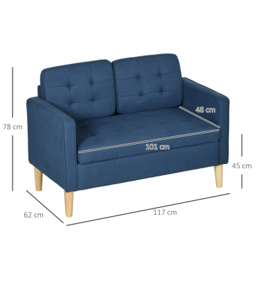 HOMCOM Compact Loveseat Sofa 2 Seater Sofa with Storage and Wood Legs Blue