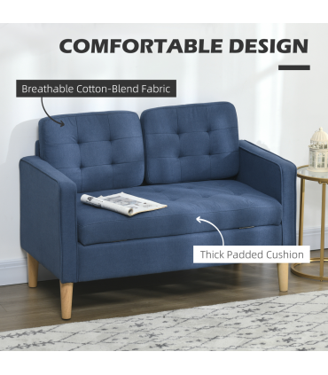 HOMCOM Compact Loveseat Sofa 2 Seater Sofa with Storage and Wood Legs Blue