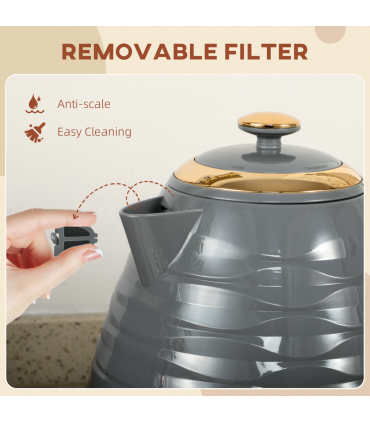 HOMCOM Electric Kettle, Fast Boil, 1.7L, 3kW, Swivel, Grey Ripple