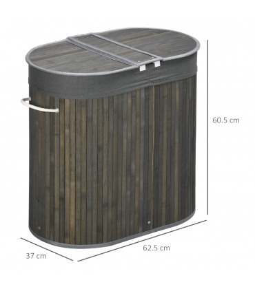 100L Bamboo Laundry Basket w/ 2 Compartments Washing Baskets Grey HOMCOM