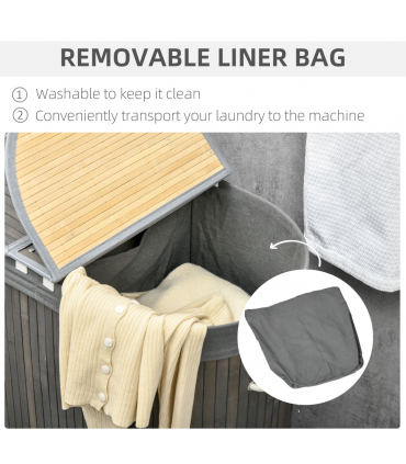 100L Bamboo Laundry Basket w/ 2 Compartments Washing Baskets Grey HOMCOM