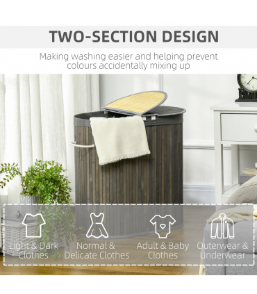 100L Bamboo Laundry Basket w/ 2 Compartments Washing Baskets Grey HOMCOM