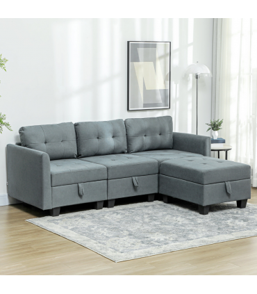 HOMCOM Convertible Modular Sectional Sofa w/ Storage Wood Frame Dark Grey