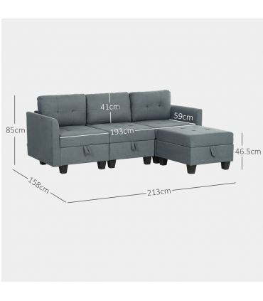 HOMCOM Convertible Modular Sectional Sofa w/ Storage Wood Frame Dark Grey
