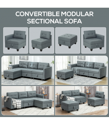 HOMCOM Convertible Modular Sectional Sofa w/ Storage Wood Frame Dark Grey