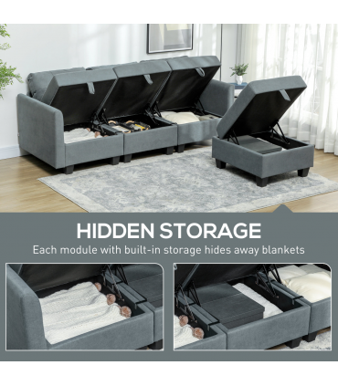 HOMCOM Convertible Modular Sectional Sofa w/ Storage Wood Frame Dark Grey