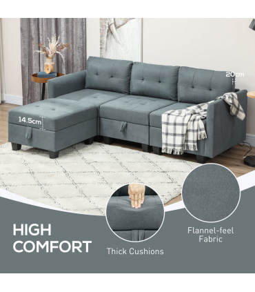 HOMCOM Convertible Modular Sectional Sofa w/ Storage Wood Frame Dark Grey