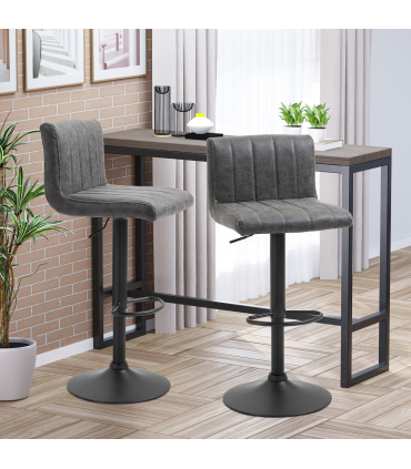 Barstools Set of 2 Adjustable Height Bar Chairs with Footrest, Grey PU LEATHER