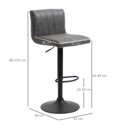 Barstools Set of 2 Adjustable Height Bar Chairs with Footrest, Grey PU LEATHER