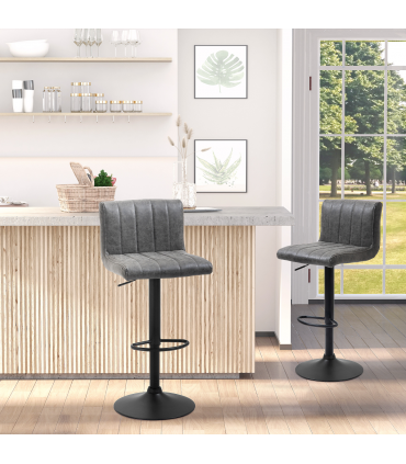 Barstools Set of 2 Adjustable Height Bar Chairs with Footrest, Grey PU LEATHER