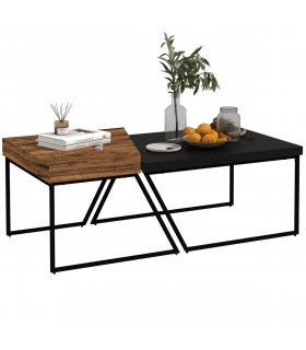 Coffee Table Set of 2, Wood-effect and Black, Steel Frame, 80x60x42 cm