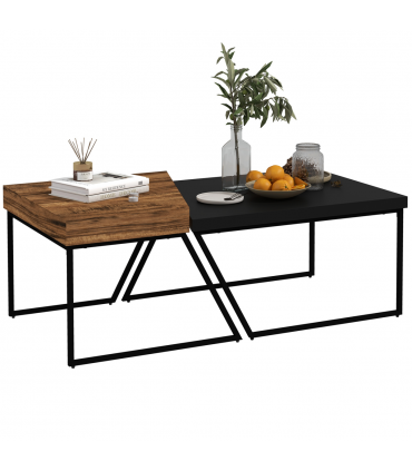 Coffee Table Set of 2, Wood-effect and Black, Steel Frame, 80x60x42 cm