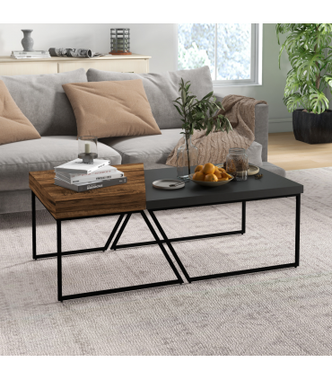 Coffee Table Set of 2, Wood-effect and Black, Steel Frame, 80x60x42 cm