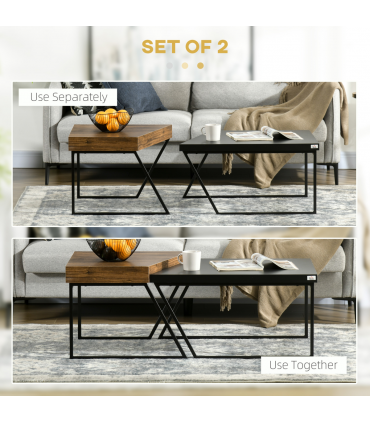 Coffee Table Set of 2, Wood-effect and Black, Steel Frame, 80x60x42 cm